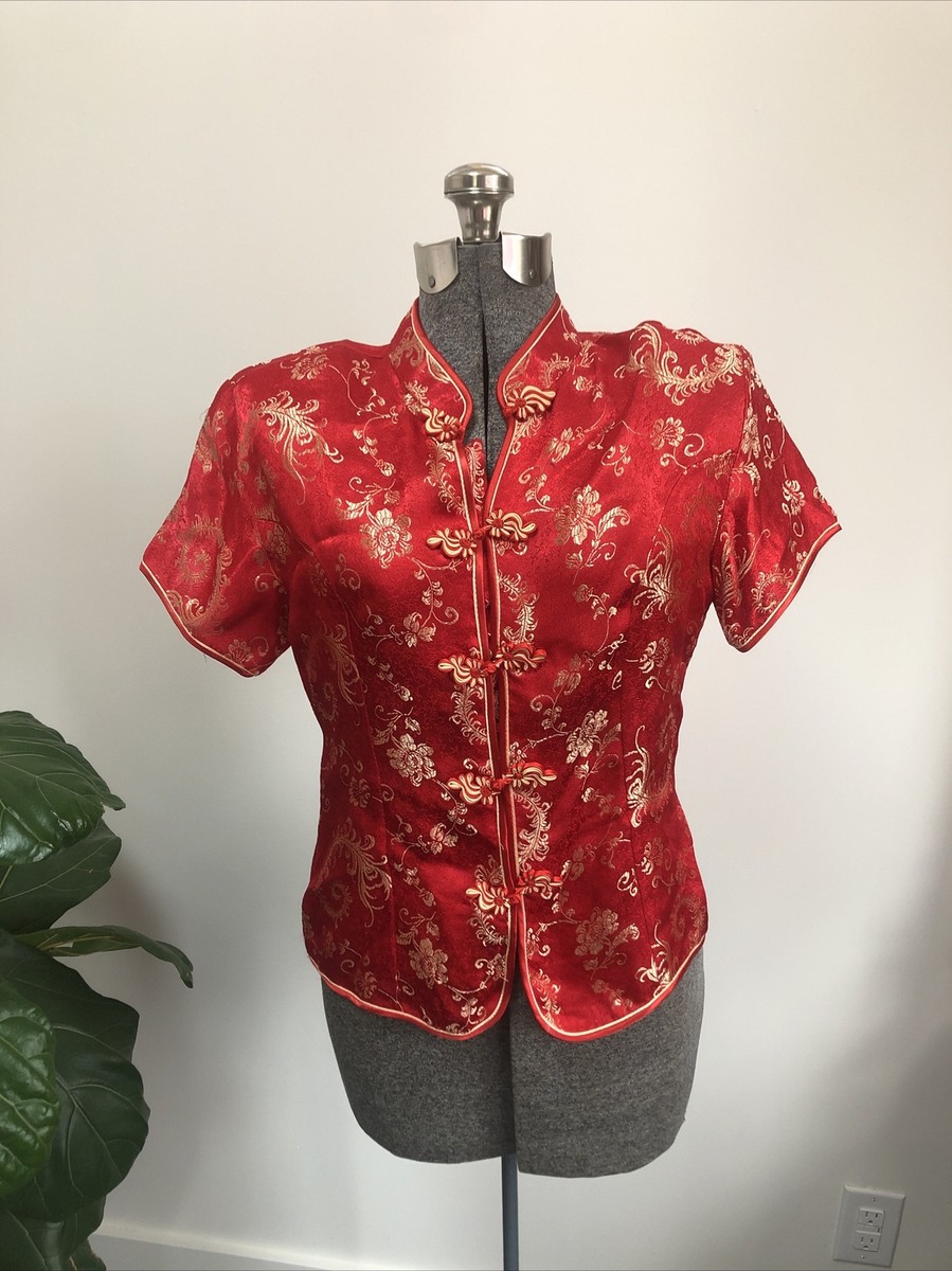Vtg 90s Y2k Silky Top Asian Inspired Sz Xxl Fits Like A Small Red