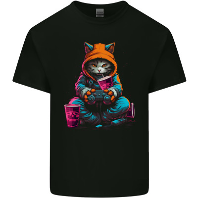 Lovetshirts Gaming Cat Cool Gamer Herren Baumwoll Maglietta Kurzarm Schwarz