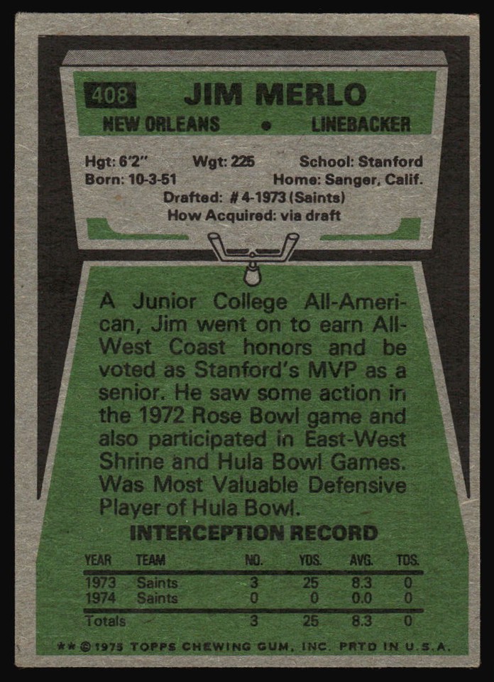 1975 Topps Jim Merlo #408 New Orleans Saints L2 | eBay