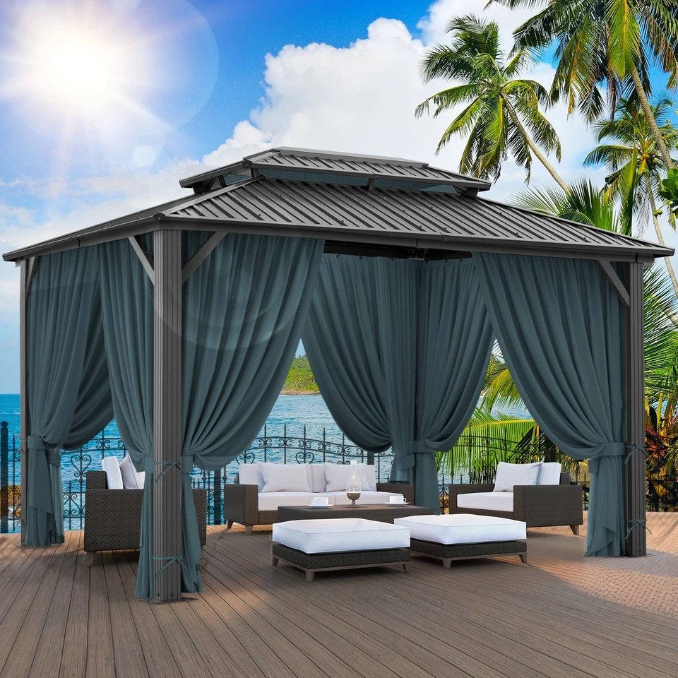 10'x12' Gazebo Hardtop Outdoor Double Roof Canopy with Curtains and Netting~NEW, - Image 2 of 4