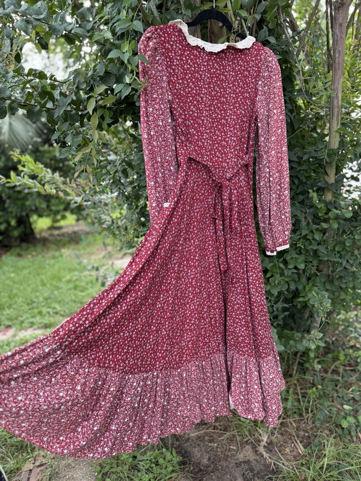 Vestido Vintage Rojo Años 70 Gunne Sax Abotonado Talla 11 Midi Cuello Encaje McClintock Foto 3 de 4