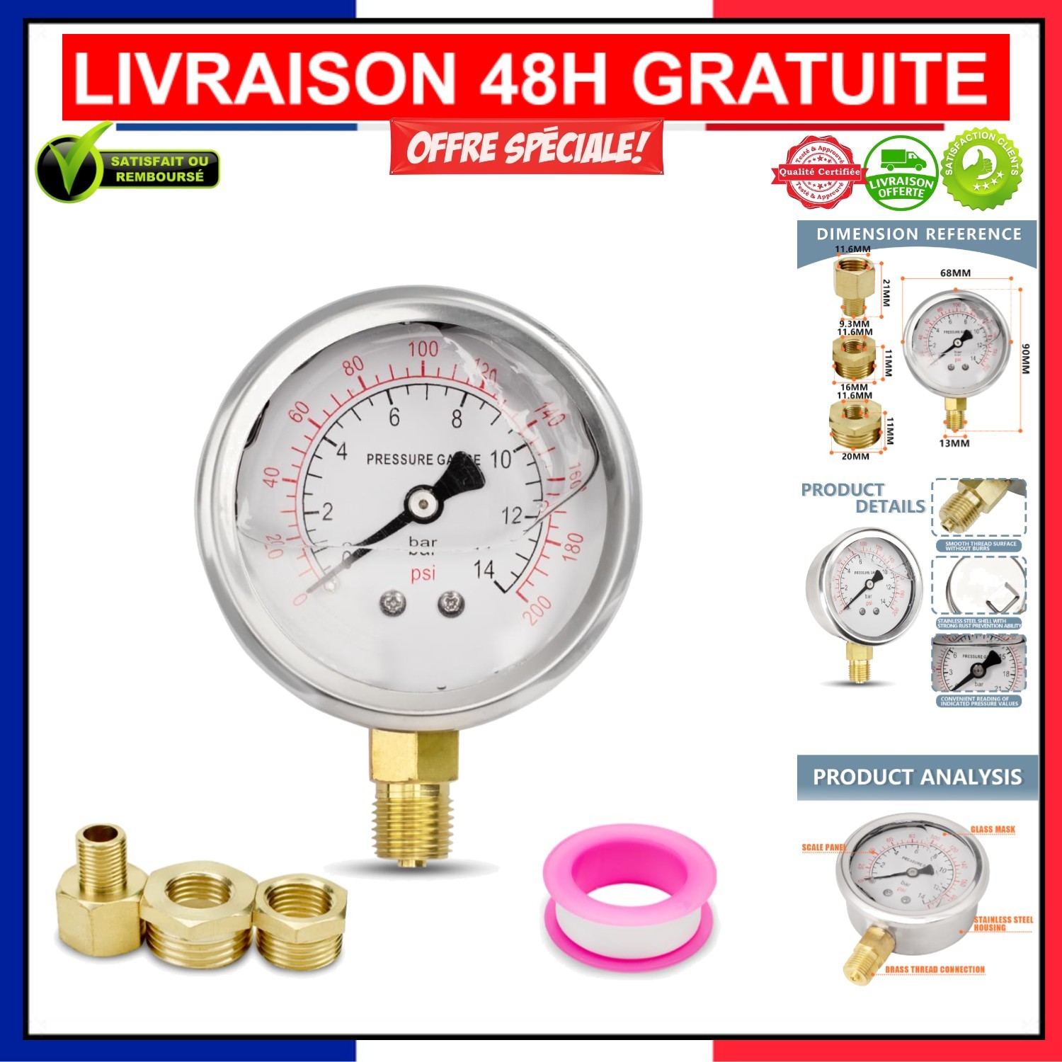 Manomètre 60mm en acier inoxydable haute précision pour contrôle de pression