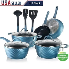 11 Piece Nonstick Cookware Set Ceramic Induction Safe Frying Pans Ladle Utensils