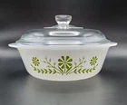 Vintage Glasbake Green Daisy Round Casserole Baking Dish 1.5 Qt J2600 with Lid
