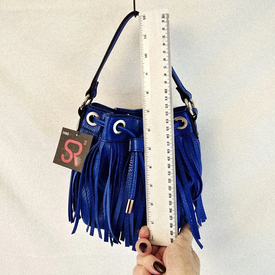 SR2 Cobalt Blue Leather Fringe Bucket Crossbody Strap Purse Boho adjust pull - Image 4 of 4
