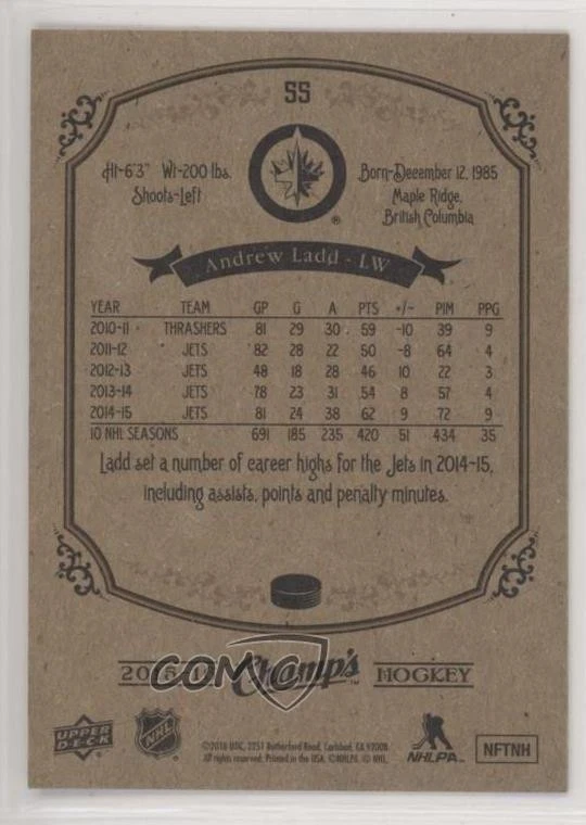 2015-16 Upper Deck Champ's Gold Front Andrew Ladd #55 - Image 2 of 2