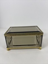 Vintage Brass And Beveled Glass Jewelry Box With Mirror 4 Footed