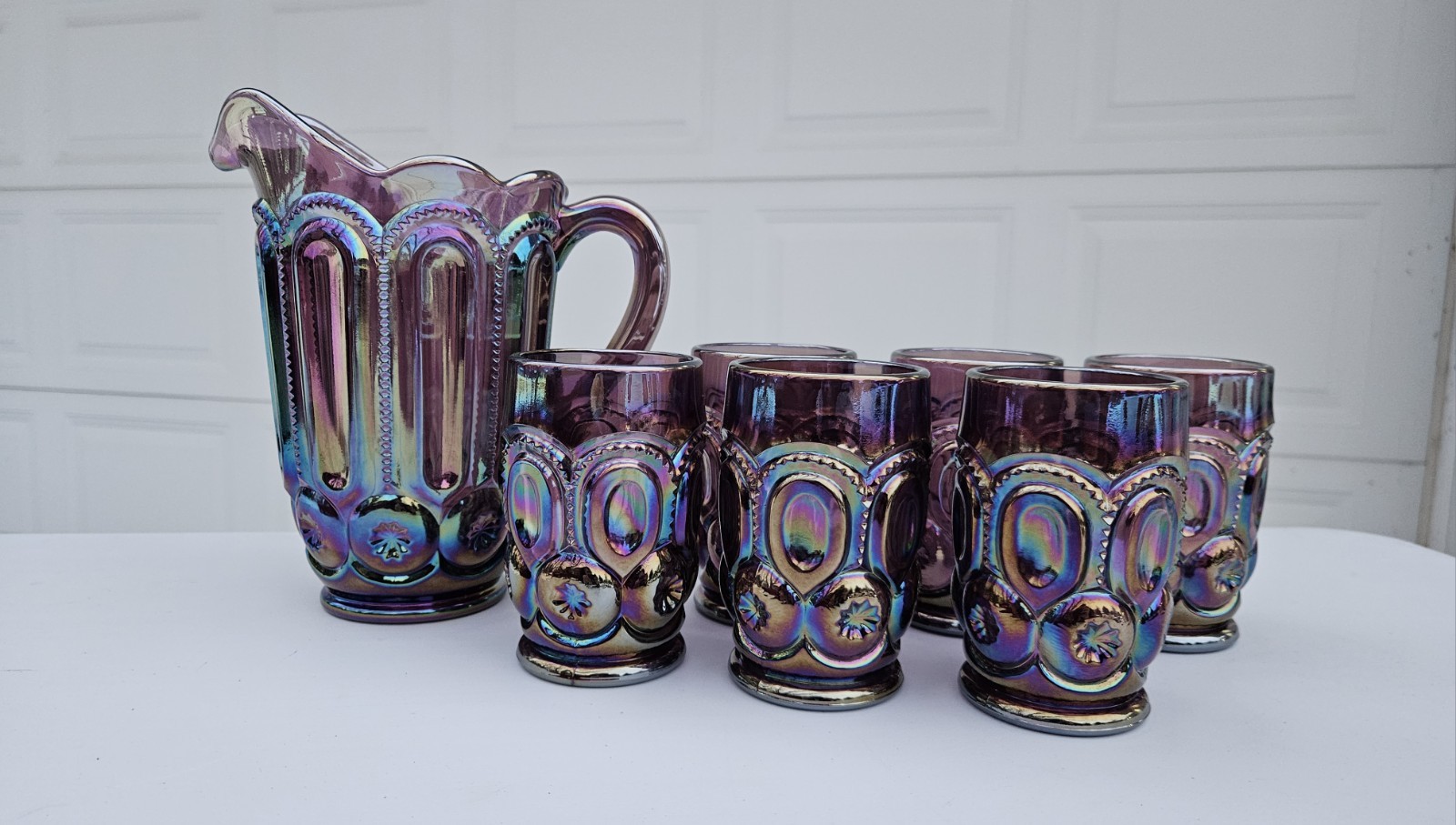Weishar Moon And Star Amethyst Carnival Fullsize Water Set Pitcher 6 Tumblers
