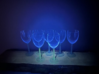 VTG, Cristal D Arques-Durand, Aqua, Lead Wine Goblets, 7 5/8  H. Manganese Glow!