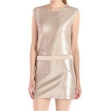 Halston Heritage Size 10 Champagne Beige Sequin Shift Mini Cocktail Dress