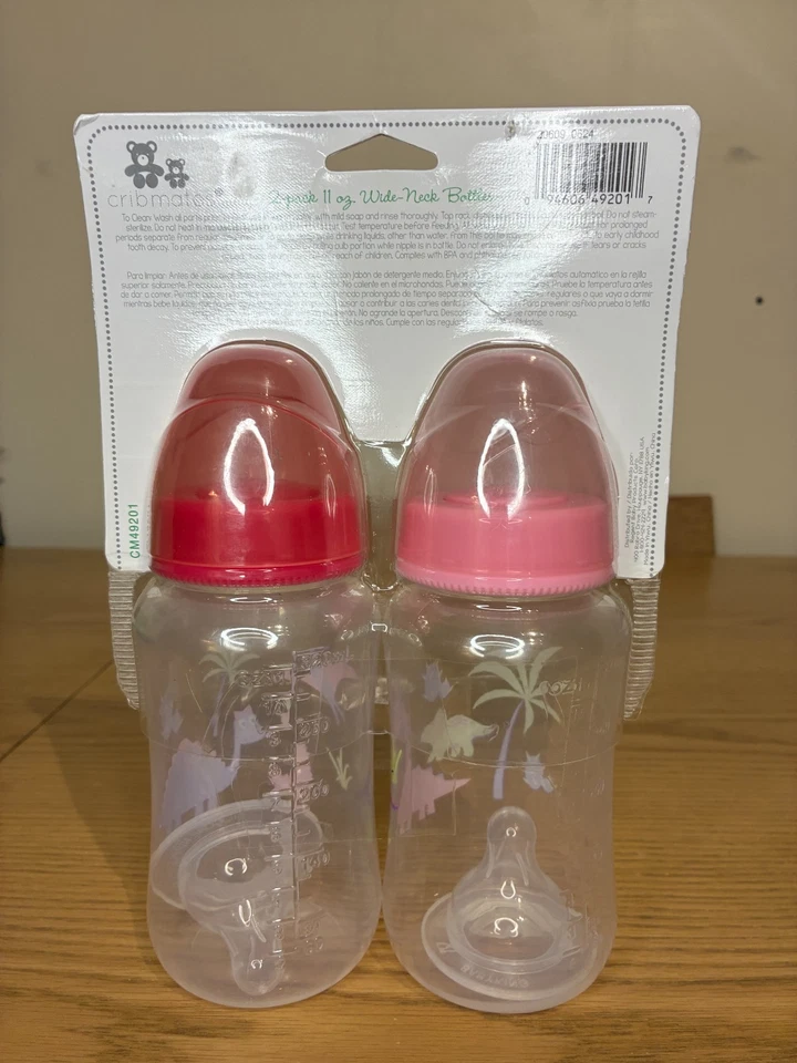 NUEVO Paquete de 2 botellas Cribmates de cuello ancho de 11 oz con dinosaurios, rosa/malva, Foto 2 de 3
