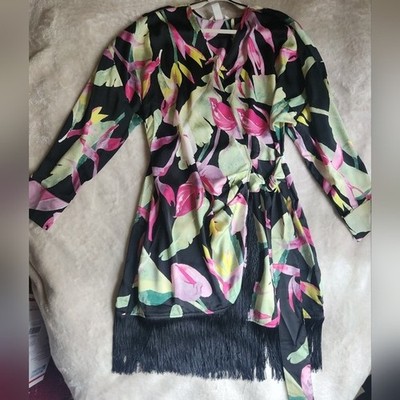 H&M Fringe-Trimmed Satin Wrap Dress Black/ Tropical Flowers NWT | eBay H&M Fringe-Trimmed Satin Wrap Dress Black/ Tropical Flowers NWT | eBay
