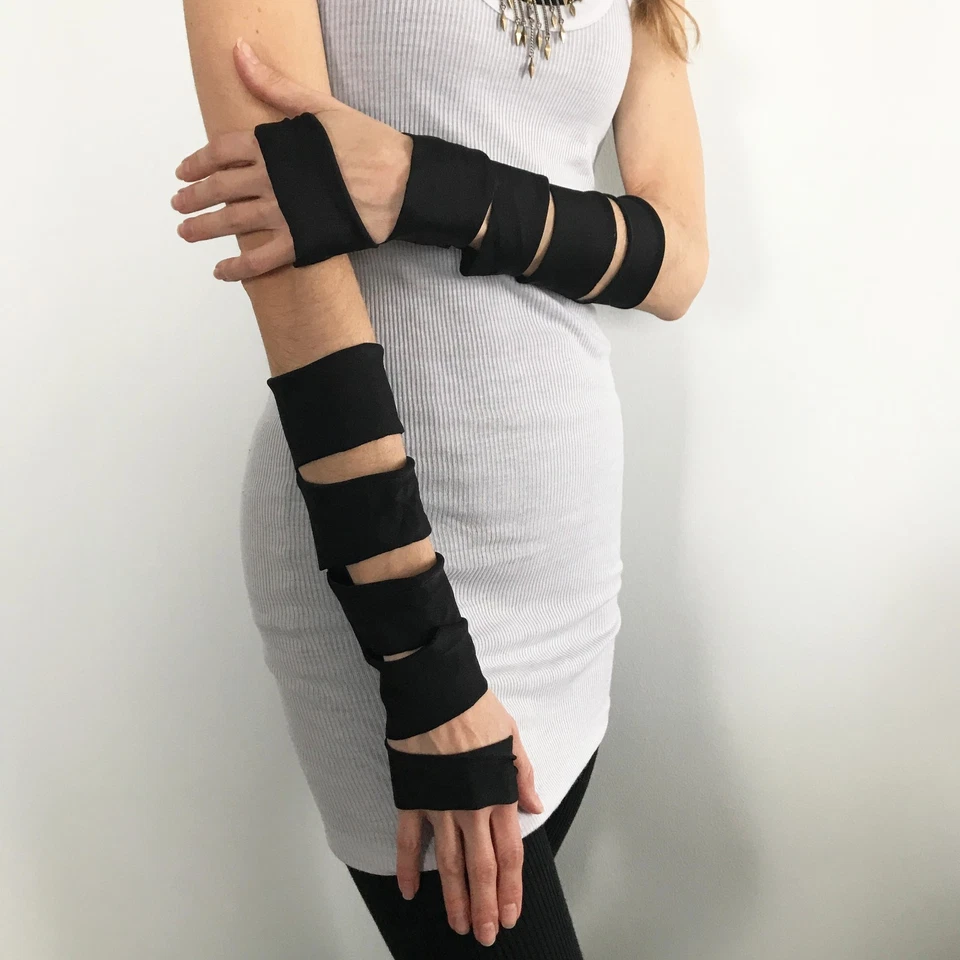 Guantes recortados para hombre negros mangas de brazo cubiertas PVC cibernético gótico disfraz psíquico Foto 2 de 3