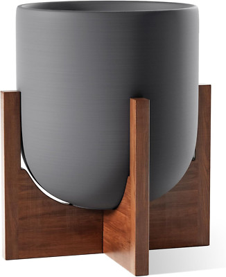 12'' Ceramic Plant Pots with Acacia Wood Stand - Charcoal Gray, Drainage Included