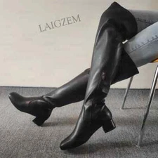 Women Over Knee High Boots Faux Leather Side Zip 4CM Mid Thick Heels Boots Shoes