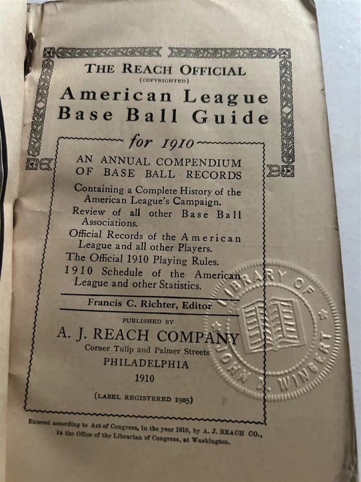 Altavoz Reach Baseball Guide 1910 CY YOUNG NapLAJOIE TY Cobb Walter Johnson Tris Foto 3 de 4