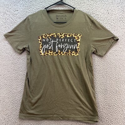 Love In Faith Women M T-Shirt Not Perfect Just Forgiven Christian Green Leopard