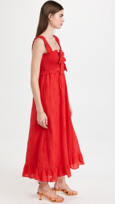 farm rio red pineapple dress Farm Rio x Anthropologie Pineapple Eyelet Puff-Sleeve Square-Neck Maxi Dress