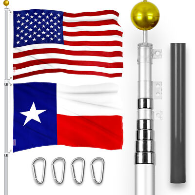 25 Ft Telescoping Flagpole Silver & American and Texas Flags Emb 300D 3x5Ft