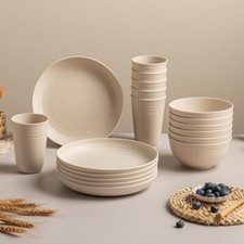 Wheat Straw Cutlery Set, Plate and Bowl 18-Piece, Microwave and Dishwasher Safe
