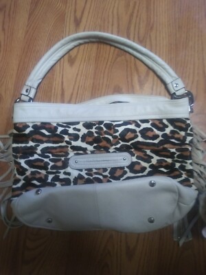B Makowsky Womens Cream Leopard Print Calf Hair Leather Fringe Handbag Purse