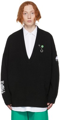 RAF SIMONS x FRED PERRY £250 schwarz Wolle Oversize V-Ausschnitt Patch Pullover LARGE NEU