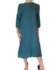 SOLIKA GREEN TONAL STRIPE CUPRO DRESS FRONT ZIP FROCK SHIFT MODEST MIDI SMALL