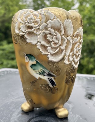 Vtg Hand Painted Nippon 3-Toed Golden Vase - Peonies & Bird - Satsuma Decoration