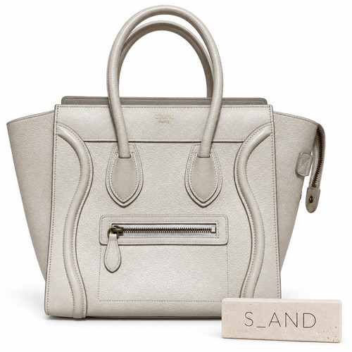 Auth CELINE Luggage Micro Shopper Calfskin Leather Handbag Ivory White Beautiful