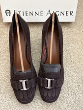 Etienne Aigner Brown Suede Square Toe Block Heel Pumps Logo Buckle 6 M