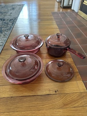 7 Piece Visions Corningware Pyrex Cranberry Glass Cookware USA
