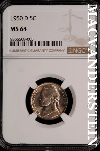 1950-D Jefferson Nickel - NGC MS 64 - Brilliant Unc  No Reserve  #SLi156