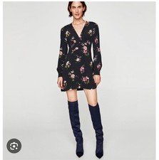 Zara Woman Black Multicolor Floral Bishop Long SL Zip  BOHO Mini Dress S XS