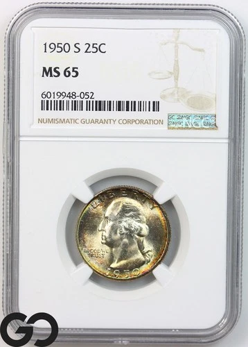 1950-S Washington Quarter NGC MS 65 ** Gorgeous Rainbow Peripherals!