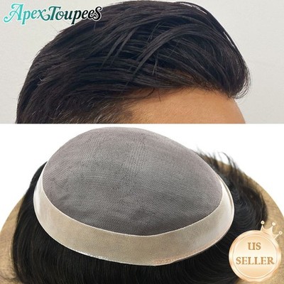 Fine Mono Mens Toupee Hair Replacement System Poly Skin PU Around Wig for Men