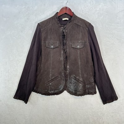 Vintage Caprice Jacket XL Brown Leather Ruffle Button Y2K Distressed Cowgirl 90s