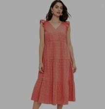 Ann Taylor LOFT Geometric Tiered Ruffle Short Sleeve Midi Dress Coral XS NWT