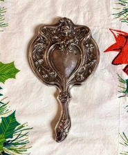 Antique Art Nouveau Flowing Hair Woman Victor Silver Plate Vanity Hand Mirror