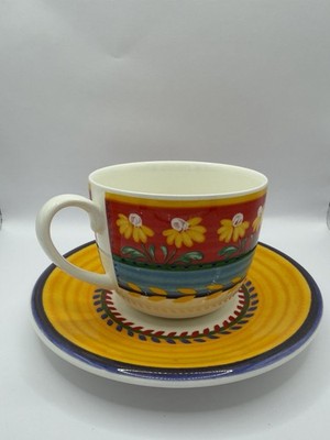 Vista Alegre Portugal Yellow Flowers Kaffeetasse mit Untertasse 1996 Vintage