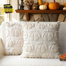 Fall Pumpkin Decorative Pillow Covers 18X18 Set of 2, Beige Soft Plush Faux Fur