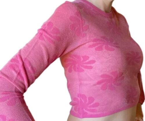 ZARA PINK SEMI SHEER TOP WOMENS CROP SWEATER FLORAL MESH KNIT LONG SLEEVE~MEDIUM - Picture 3 of 13
