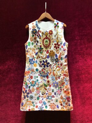 Light Luxury Women Nail Bead Diamond Retro Court Style Dress A-line Skirt Dress