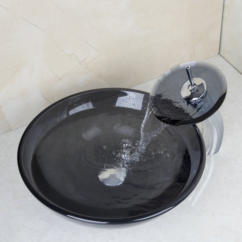 US Bathroom Round Glass Vessel Vanity Sink with Brass Faucet Tap Combo Set - Picture 5 of 9