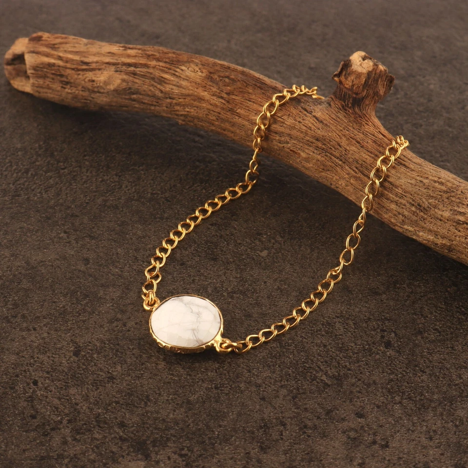 Round Stone Howlite Turquoise 24k Gold Plated Clasp Lock Chain Bracelet Jewelry - Image 3 of 3