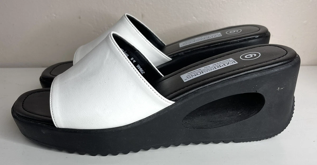 Y2K 2000s Women 6 Black White Chunky Block Cutout Heel Platform