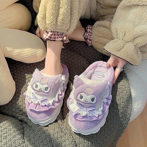 Purple Plush Slippers Cute Cartoon Faux Fur Cotton Slide Home Winter 2-3 Big Kid - Picture 5 of 6