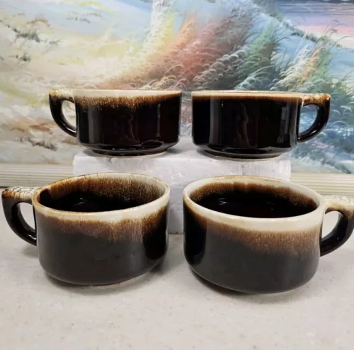 Vintage Pfaltzgraff Brown Drip Glaze Tea Cups Coffee Mugs Set of 4 Finger Handle