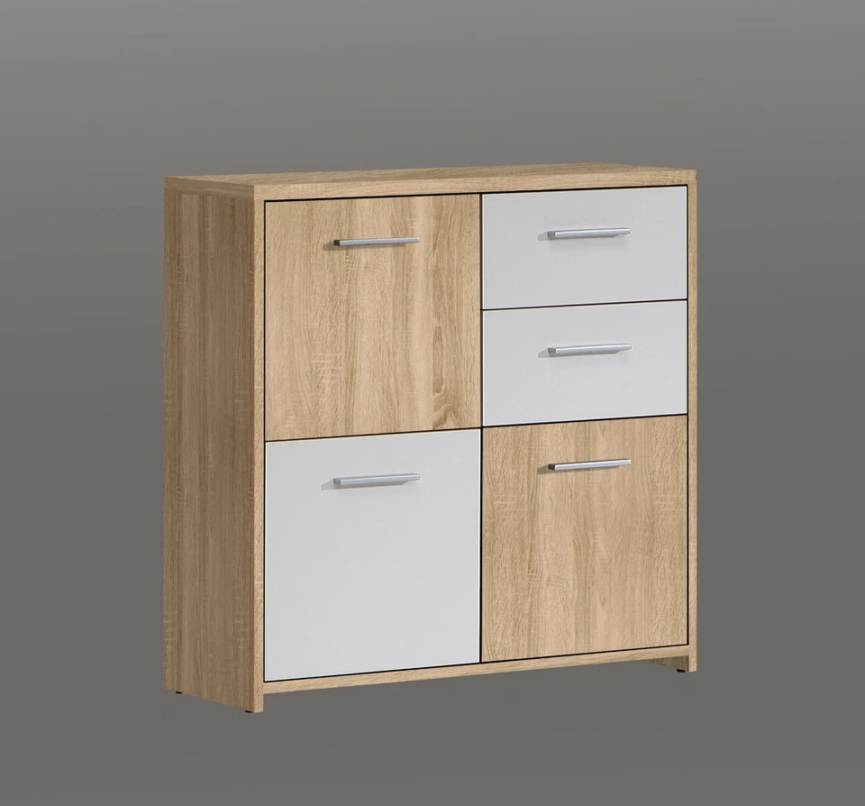 Comò con 3 ante e 2 cassetti FIANNA, in legno laminato quercia sonoma/bianco. - Immagine 2 di 3