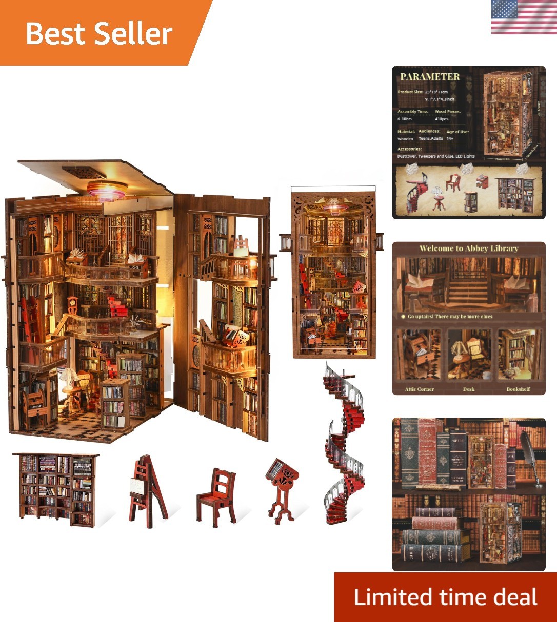 Abbey Library Book Nook: DIY 3D Wood Puzzle with LED and Dust Cover, 9 Inches