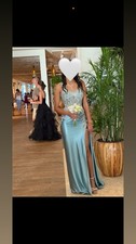 Light Blue Satin Mermaid Gown Beaded Sleeveless Slit Skirt Formal Dress